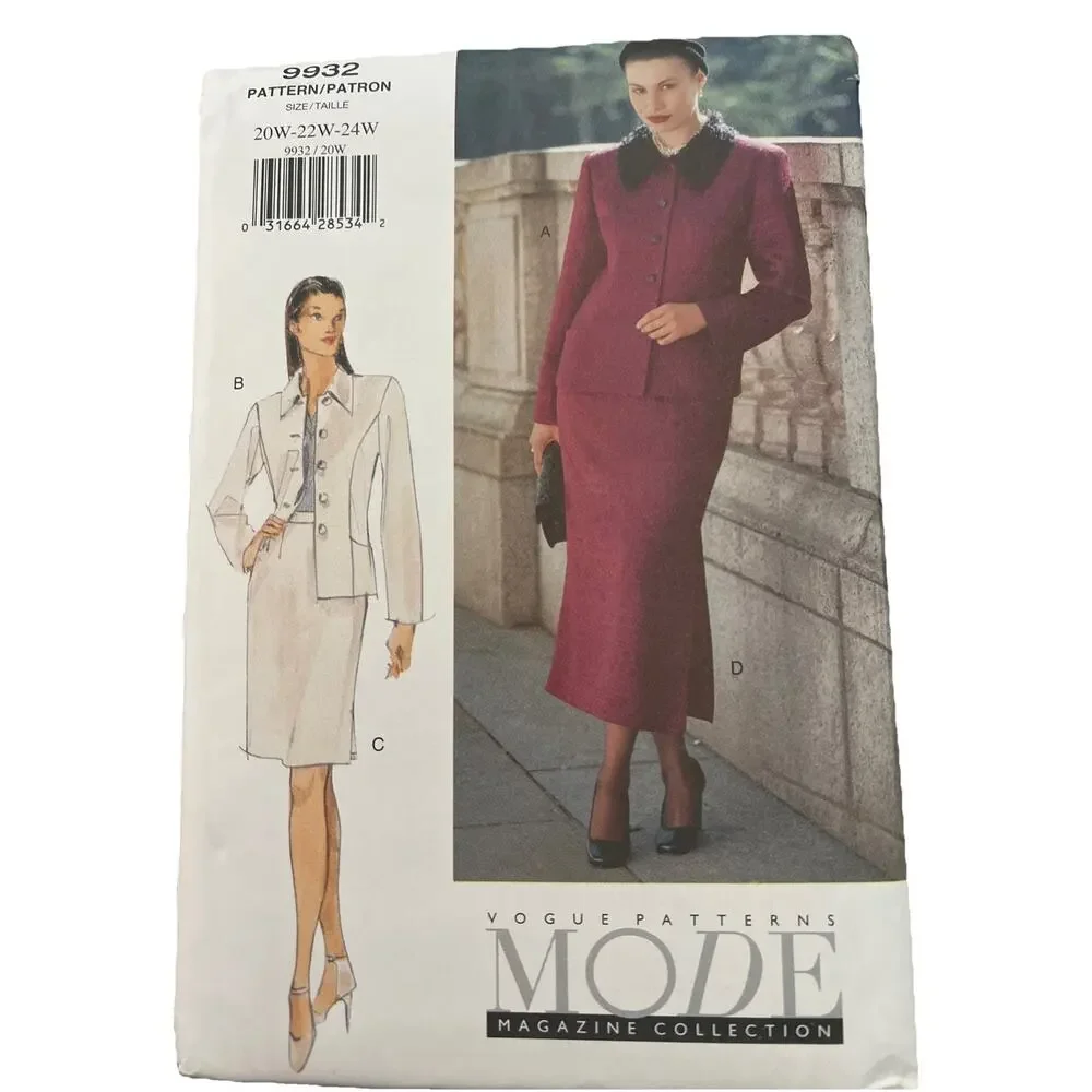 Vogue V9932 Sewing Pattern Business Wardrobe Jacket Skirt Plus Size 20W-24W